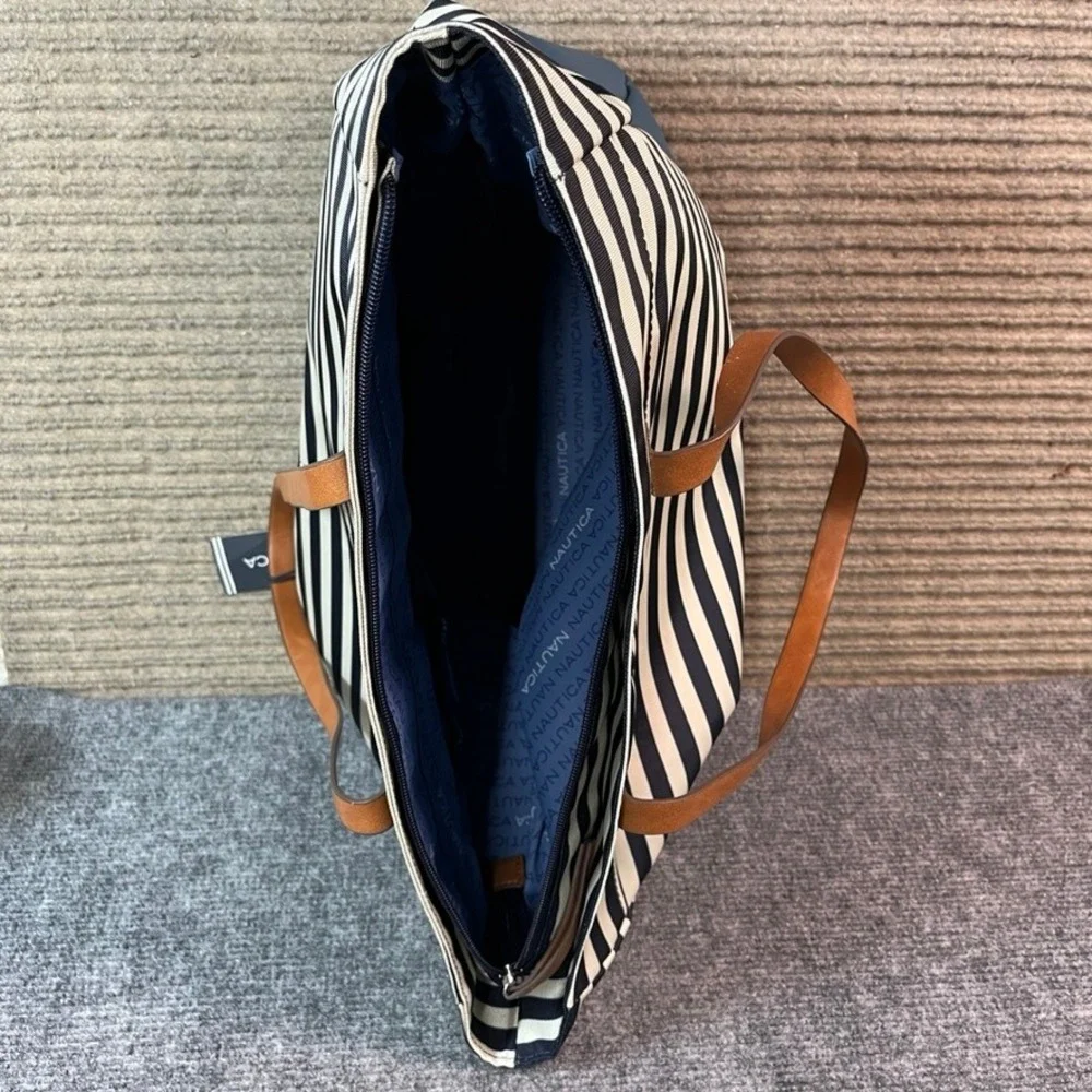NWT Nautica Striped Canvas Tote Bag Navy White Teal Blue Large Beach Travel